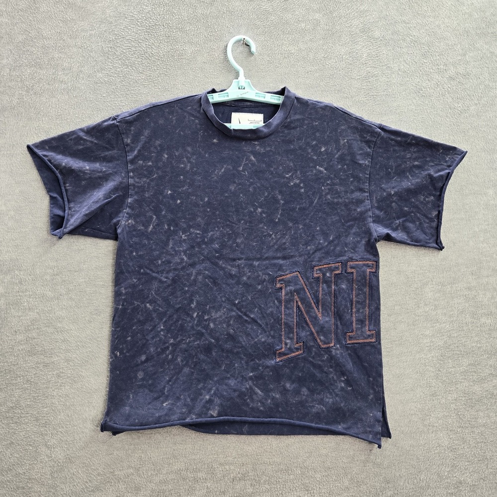 Nike Men‎ Shirt S Blue Large Letter Normcore Embroidered Short Sleeve Logo